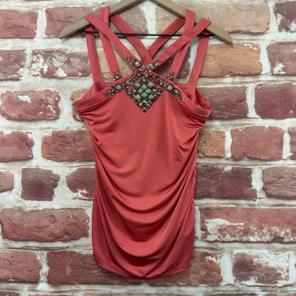 Vintage Cache Top Women's Small Coral Pink Boho Beaded Strappy Stretchy Shirt